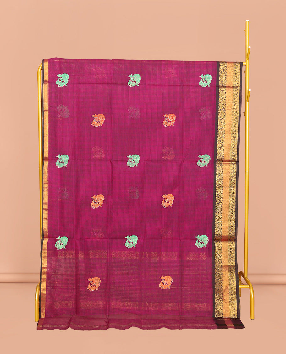 Pink Venkatagiri Cotton Saree, Decked Up with Peacock Buttas and Checks, a Contrast Traditional Zari Border, Pallu of Stripes, and No Blouse