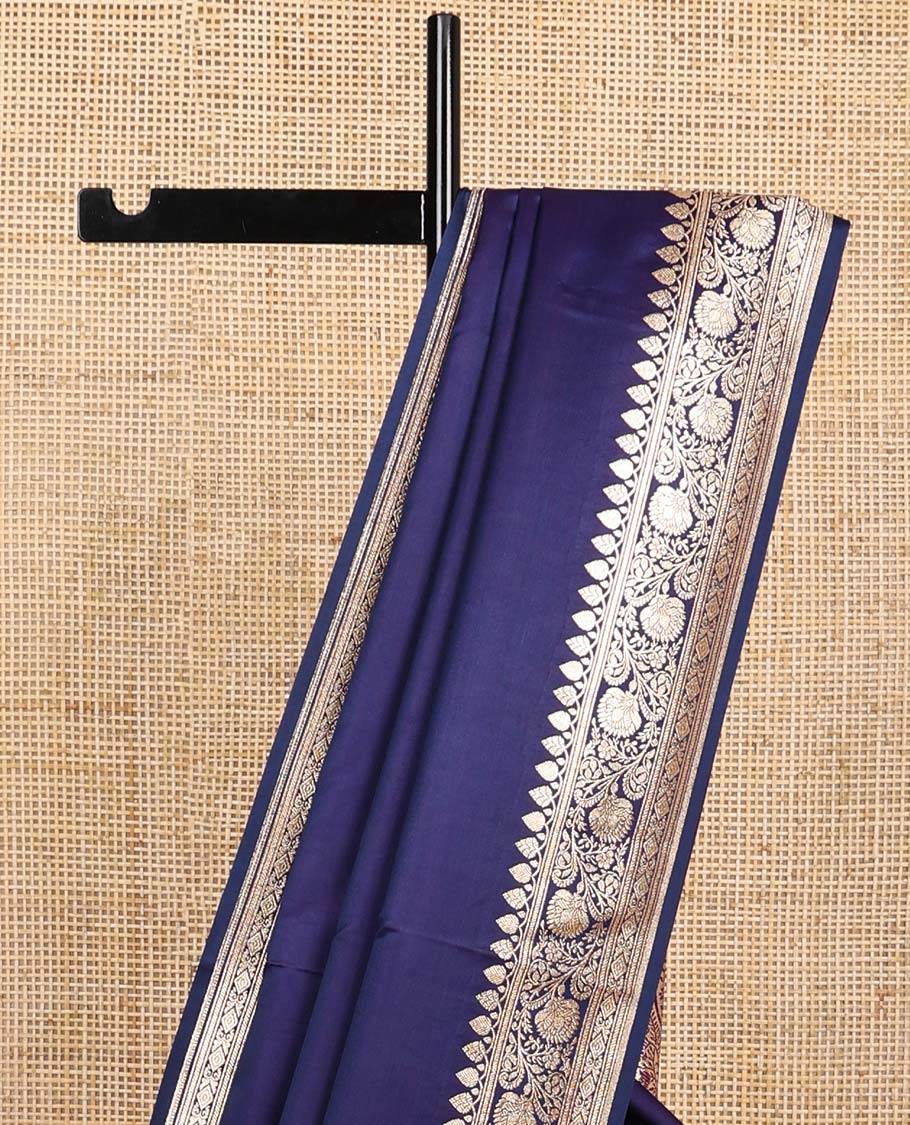 Dark blue semi banaras nylon saree with self floral design border & floral design pallu