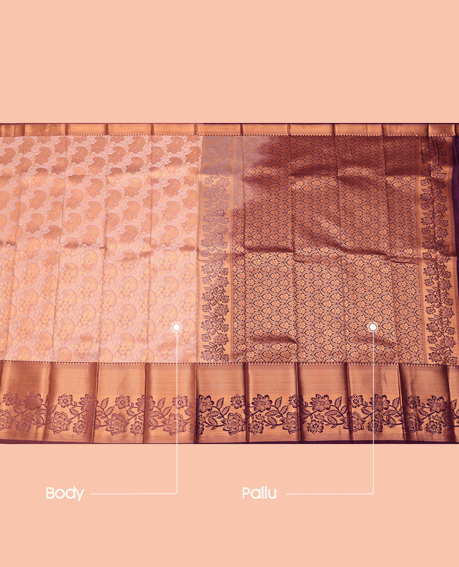 Peach Budget Silk Saree, Ornamented with Paisley Jacquard, Complemented by Contrast Traditional Zari Border, Intricate Pallu, and a Contrast Blouse
