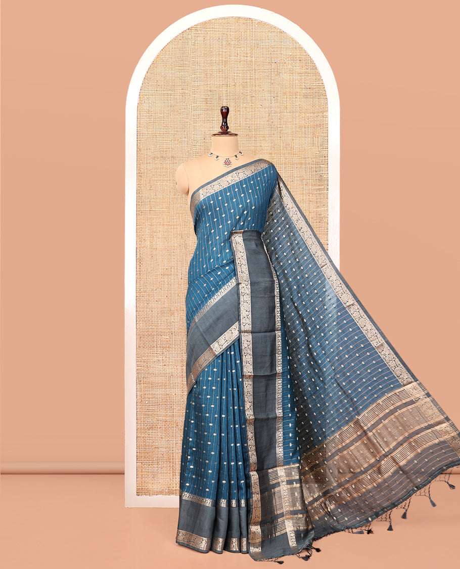 Blue Assam Silk Saree, Woven with Zari Stripes, Complemented by a Contrast Traditional Zari Border, Striped Pallu, and a Contrast Blouse