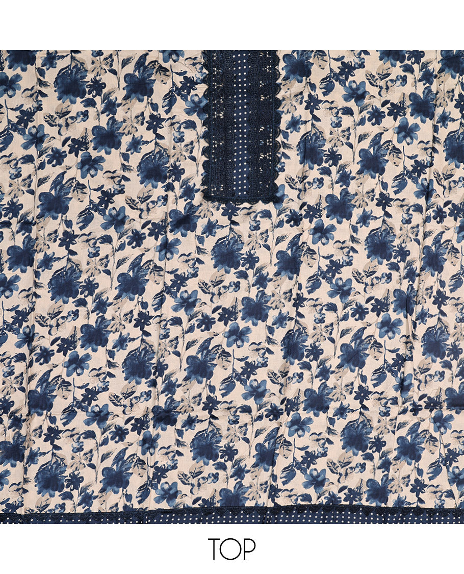 Blue Material Chudidar Set, Adorned with Floral Motifs Print and Embroidery on Cotton Top, a Polka Dot Printed Cotton Bottom, and Paired with a Floral Printed Cotton Dupatta