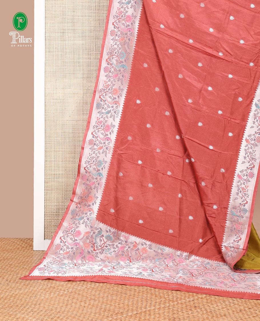 Rust pathick style design dola silk saree with parrot design border & pathick style pallu along with contrast blouse