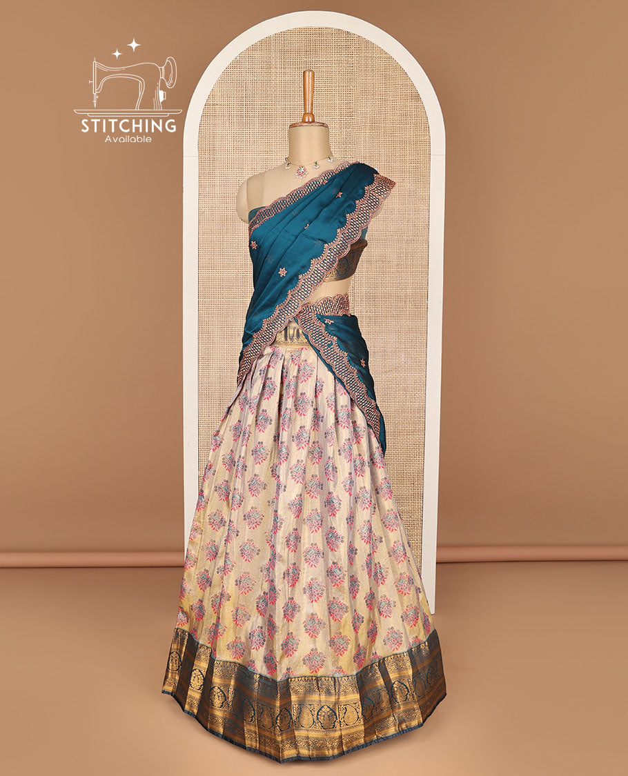 Cream floral buttas banaras half saree with contrast zari design border , zari design blouse & floral zari design dhavani