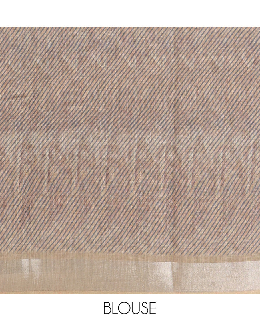 Grey Linen Cotton Saree, Finely Printed with Leheriya-Style Abstract Print on Its Body, Complemented by a Subtle Contrast Bavanji Border, Pallu Features Deer Motifs Print, and Paired with a Contrast Blouse