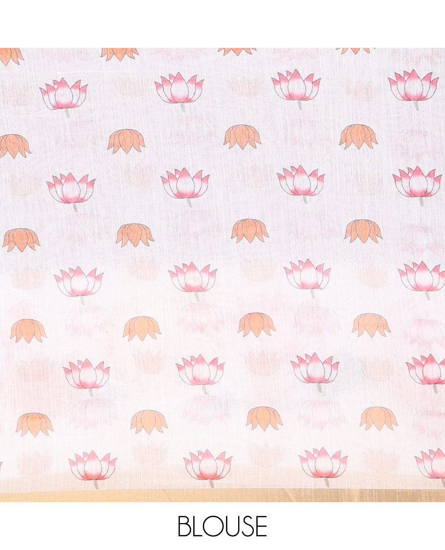 Grey Plain Linen Cotton Saree, Complemented by a Contrast Border Depicting Pichwai Cow and Lotus Motifs Print, Pallu of the Same Body Print, and Paired with a Contrast Blouse