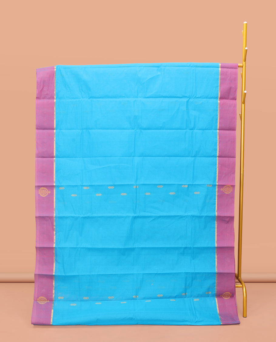 Blue Kanchi Cotton Saree, Adorned with Buttas on Its Body, Contrast Unique Motifs Border, Pallu of Intricate Design, and a Matching Blouse
