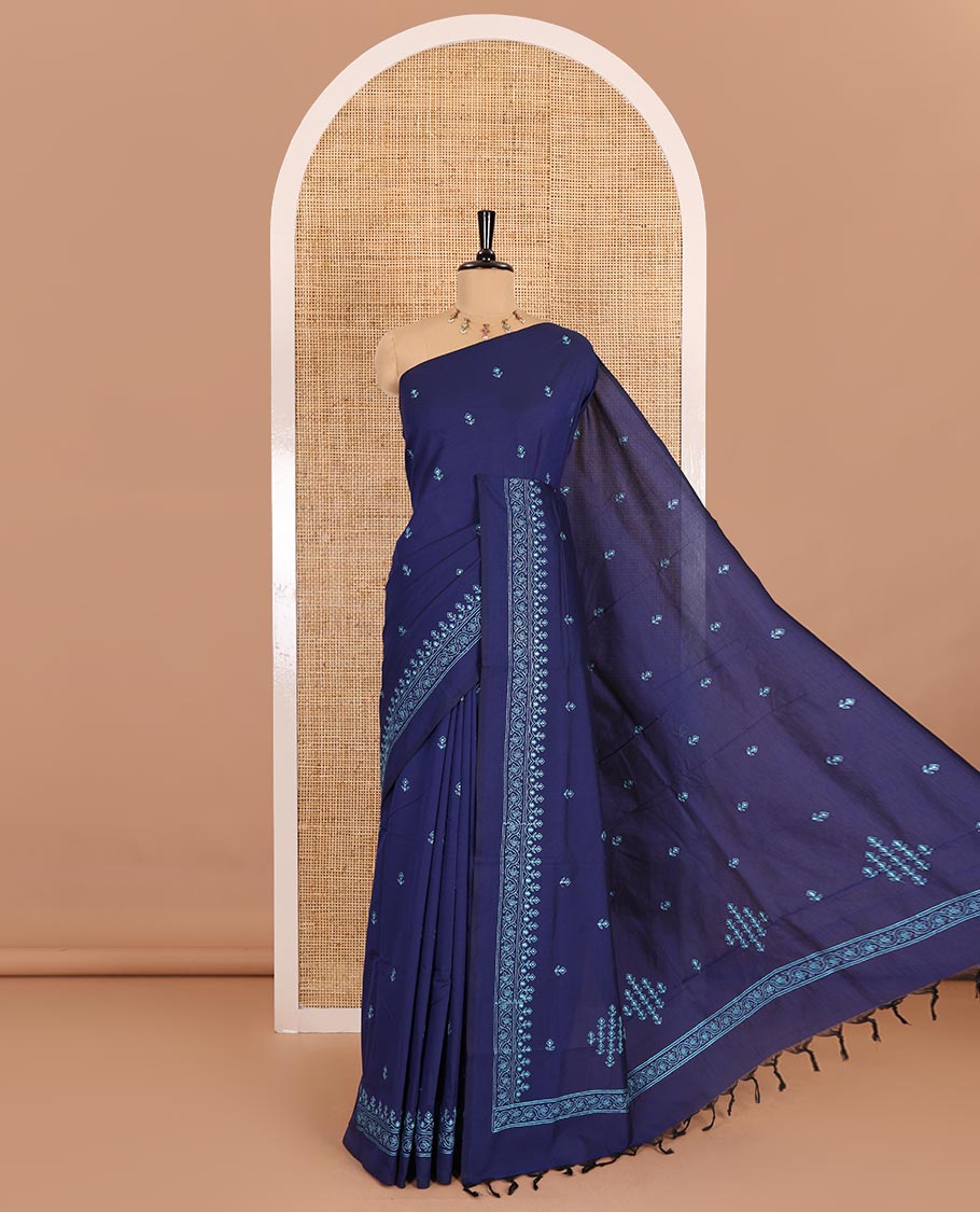 Blue floral buttas embroidered South cotton saree, embroidered border, embroidered pallu, and a matching blouse