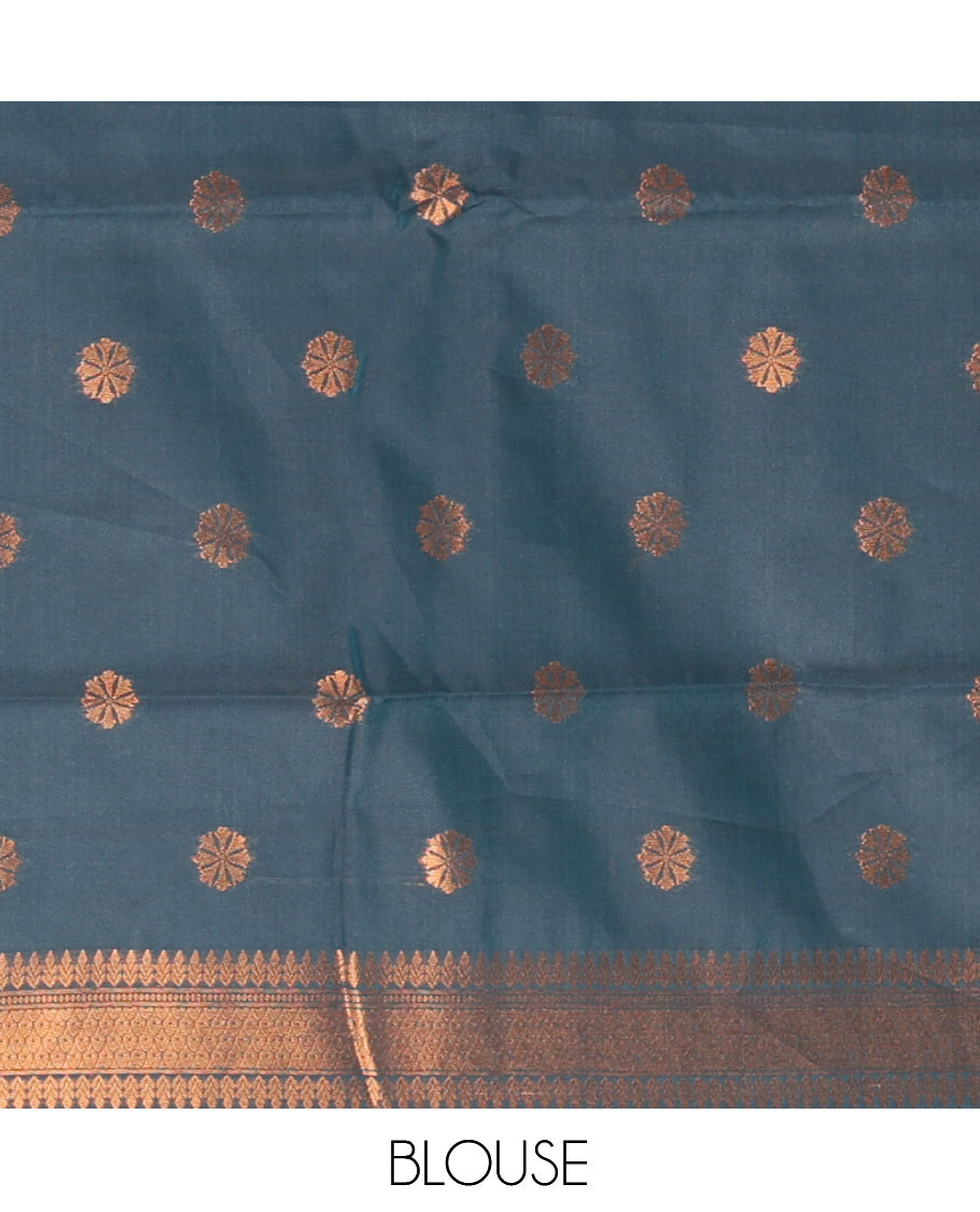 Sky Blue Burberry Checked Litchi Saree, a Contrast Rettai Pettu Border, Grand Pallu, Contrast Blouse