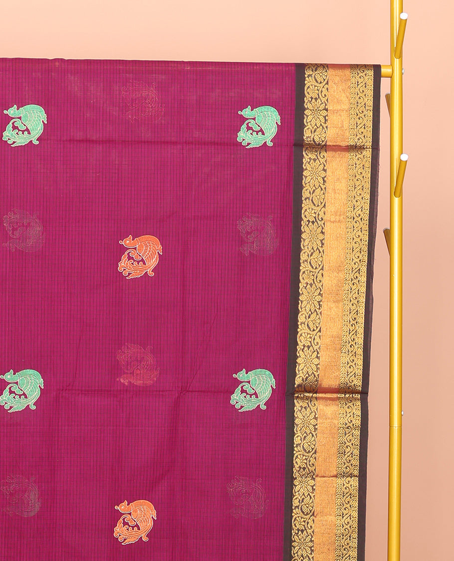 Pink Venkatagiri Cotton Saree, Decked Up with Peacock Buttas and Checks, a Contrast Traditional Zari Border, Pallu of Stripes, and No Blouse