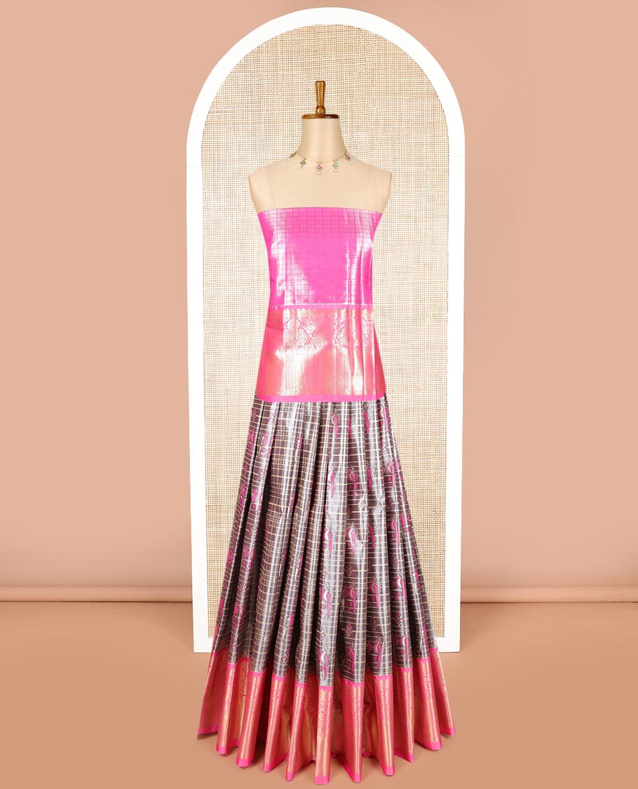 Black checked, bird design art silk half saree with contrast zari design border, zari design blouse & floral design dhavani