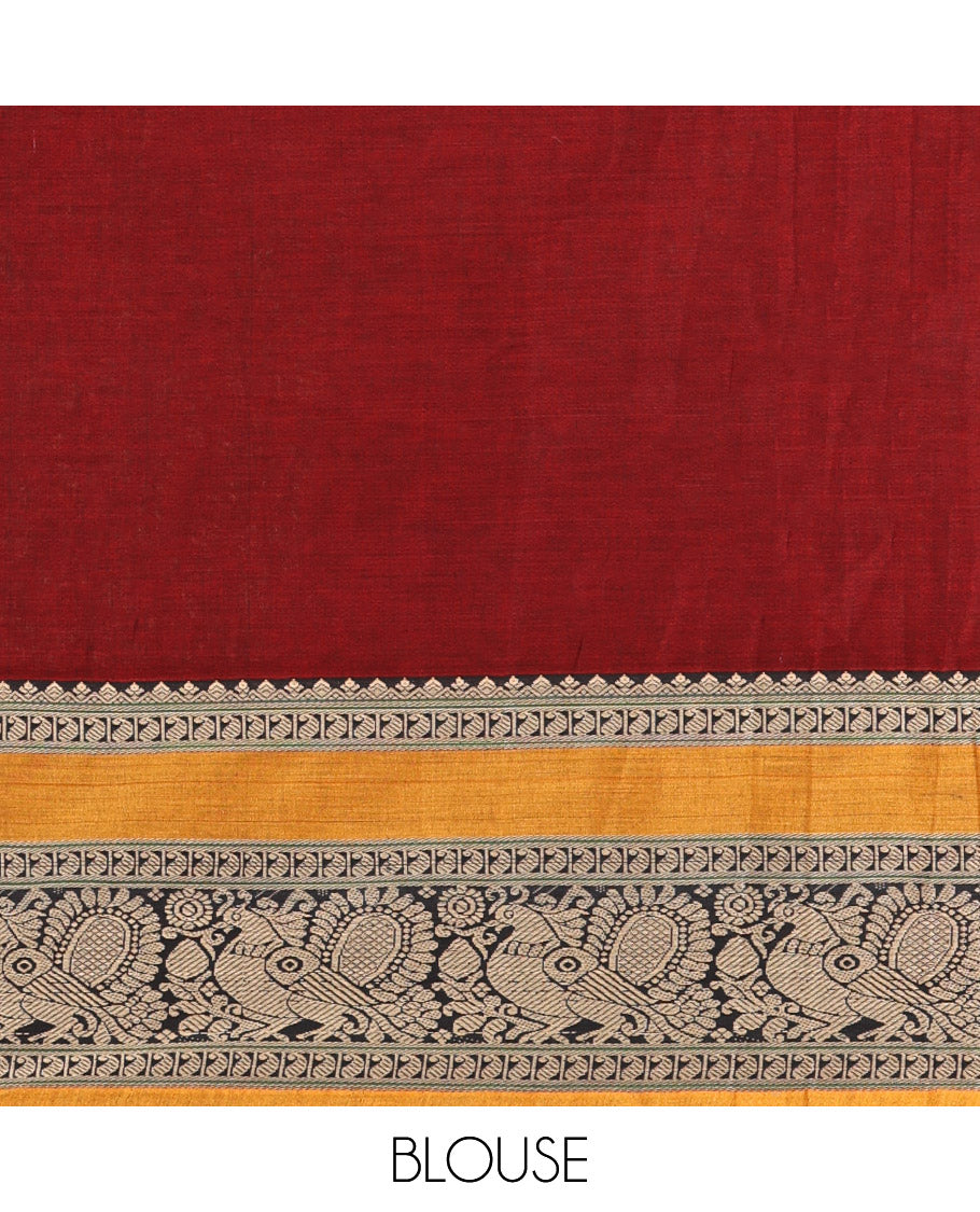 Maroon Plain Mercerised Cotton Saree, Complemented by a Contrast Rettai Pettu Border of Paisley, and Peacock Designs, Striped Pallu, and Paired with a Matching Blouse
