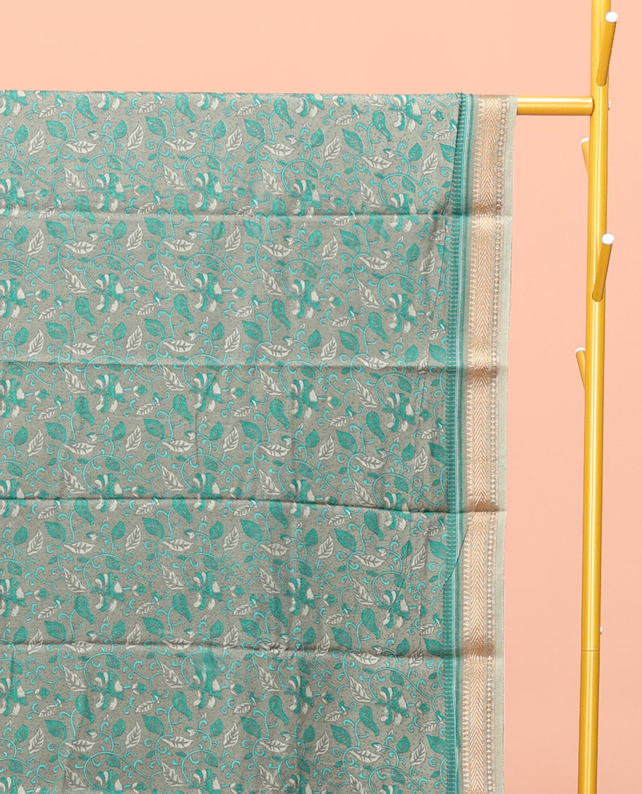 Grey Kanchi Cotton Saree, Embellished with Floral Print All Over Its Body, Complemented by Contrast Traditional Border, Pallu of Floral Designs, and Paired with a Matching Blouse