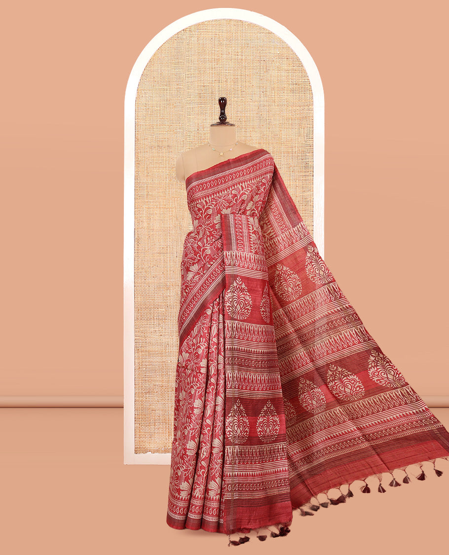 Red Tussar Saree, Crafted with Floral Print, Geometric Printed Border, Intricate Pallu, and a Matching Blouse