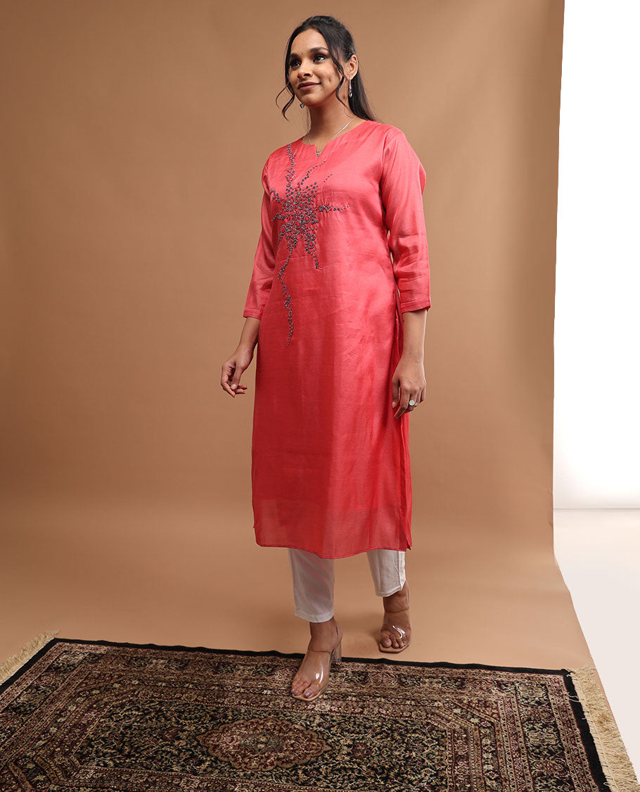 Red embroidery v neck , 3/4 th sleeve , below knee length kurti