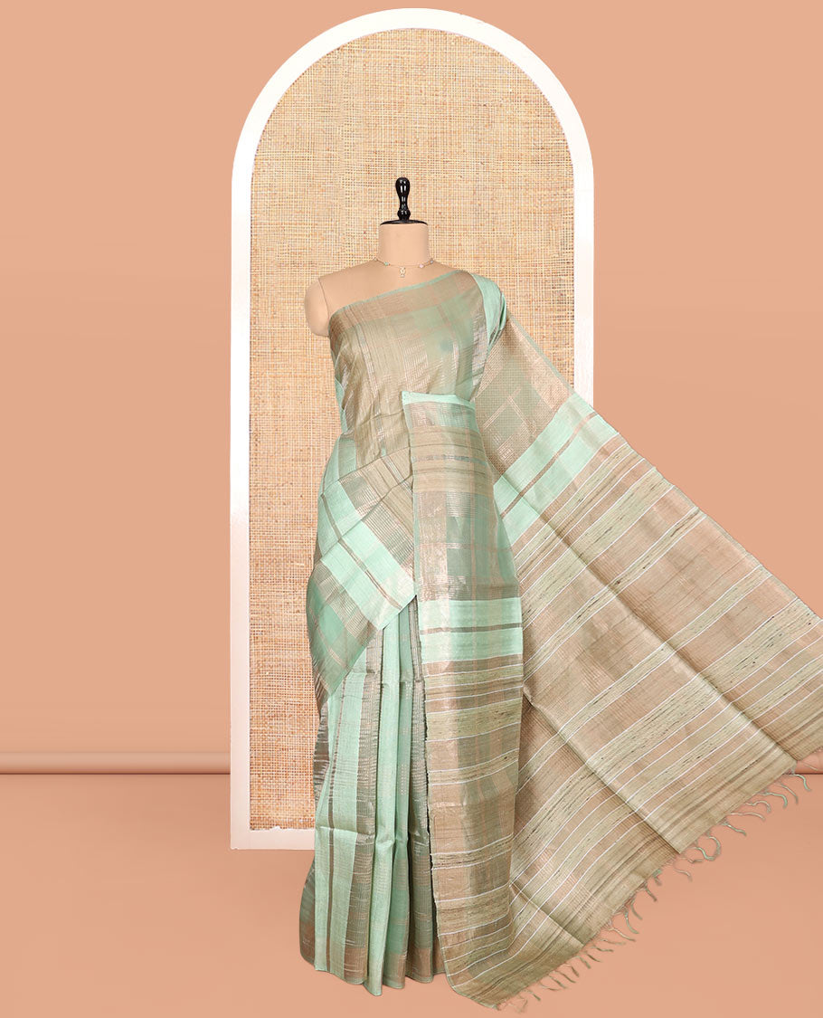 Borderless Pale Green Checked Tussar Silk Saree, a Self-Pallu, and a Matching Blouse