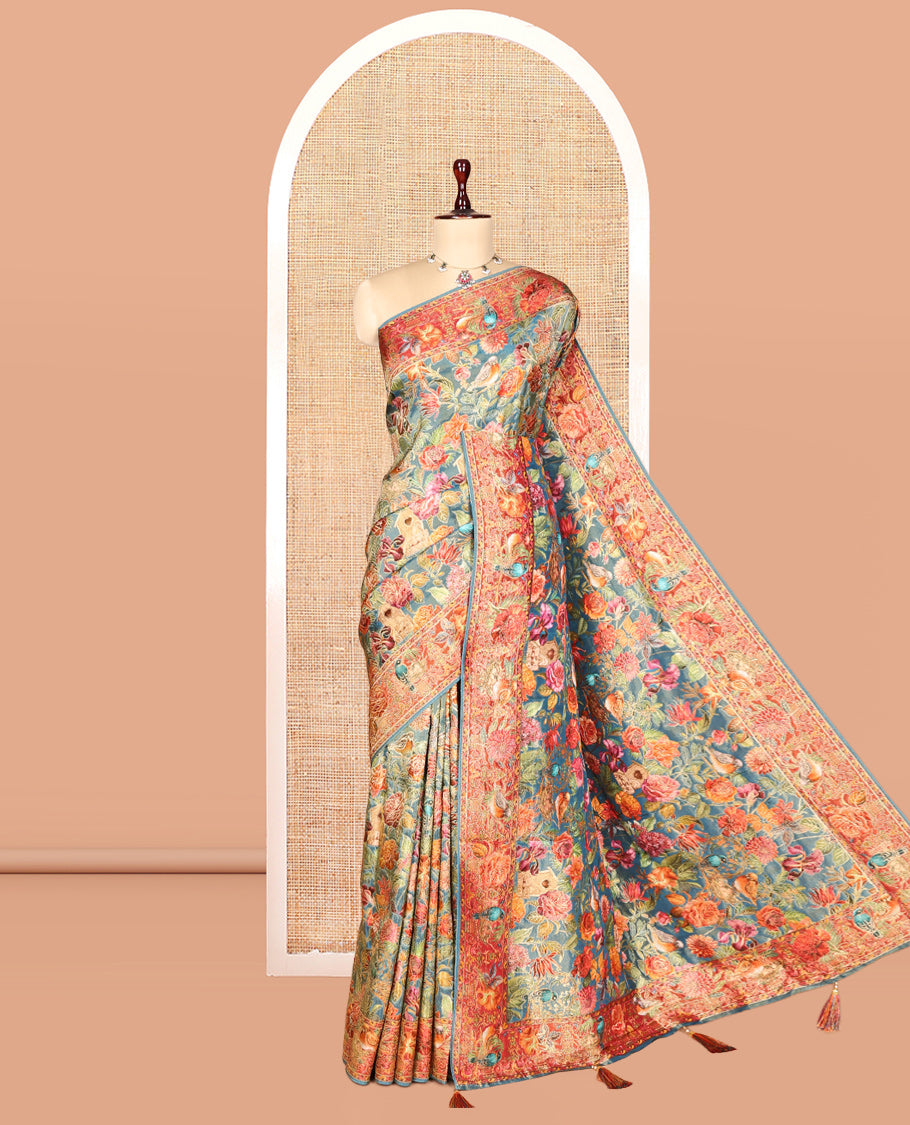 Blue Tropical Floral Russian Dola Tissue Saree, Floral-Bird Border, and a Matching Blouse