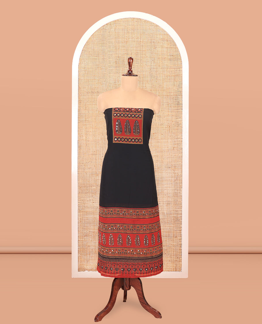 Black Georgette Material Churidar, Ajrakh Print and Mirror Work Top, a Matching Bottom, and Ajrakh Printed Dupatta