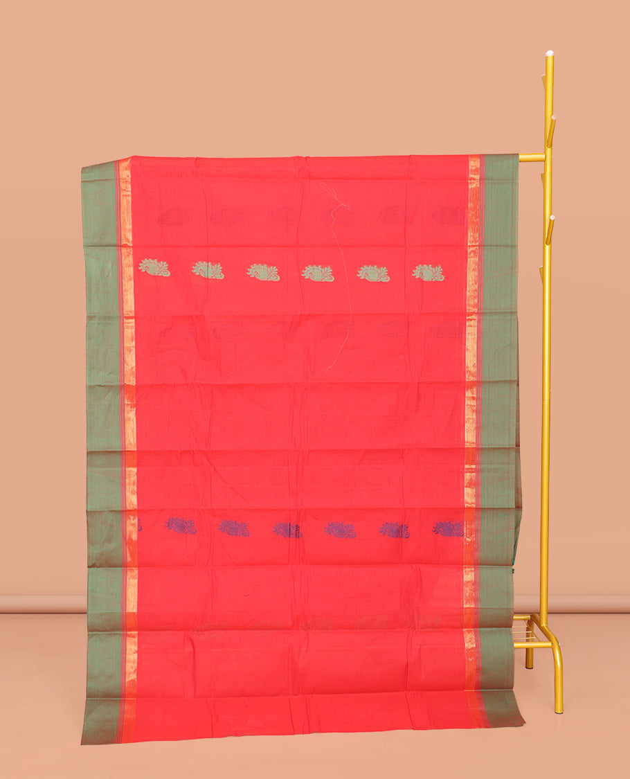 Red Kanchi Cotton Saree, Subtly Threaded with Floral Buttas All Over Its Body, Complemented by Contrast Zari Border, Pallu of Floral Designs, and Paired with a Matching Blouse