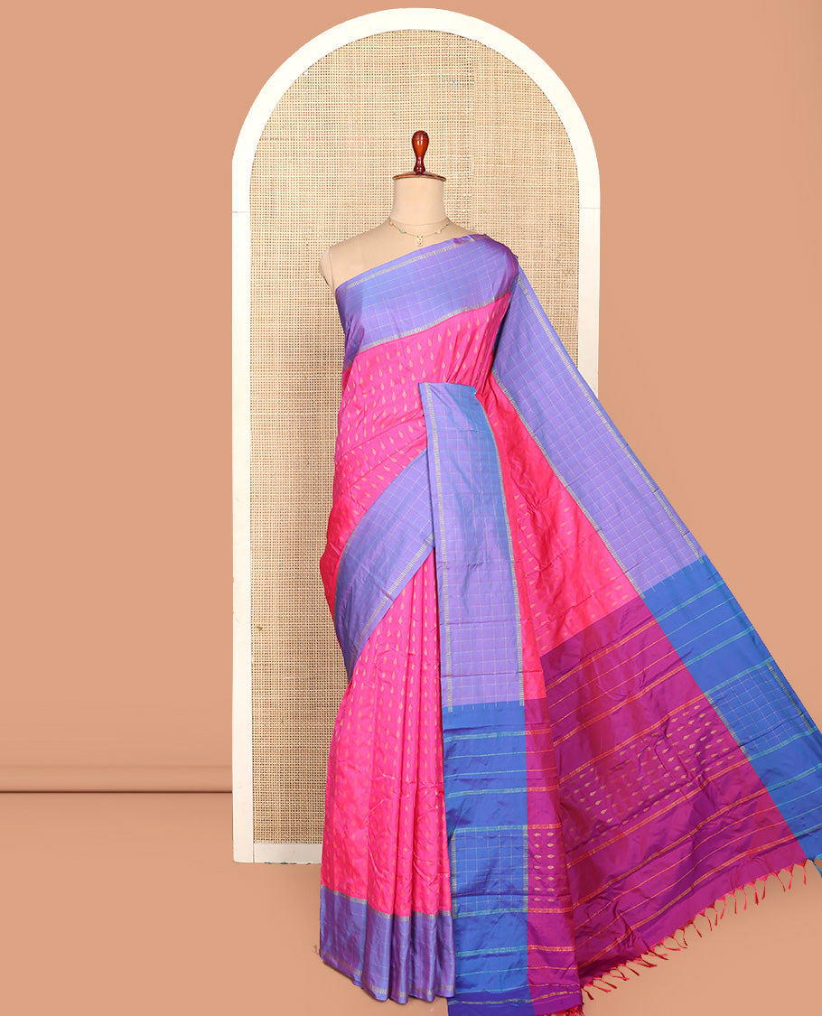 Pink Aarani Silk Saree, Woven with Buttas on Its Body, Complemented by a Contrast Checked Border, Pallu of Stripes and Buttas, and Paired with a Matching Blouse