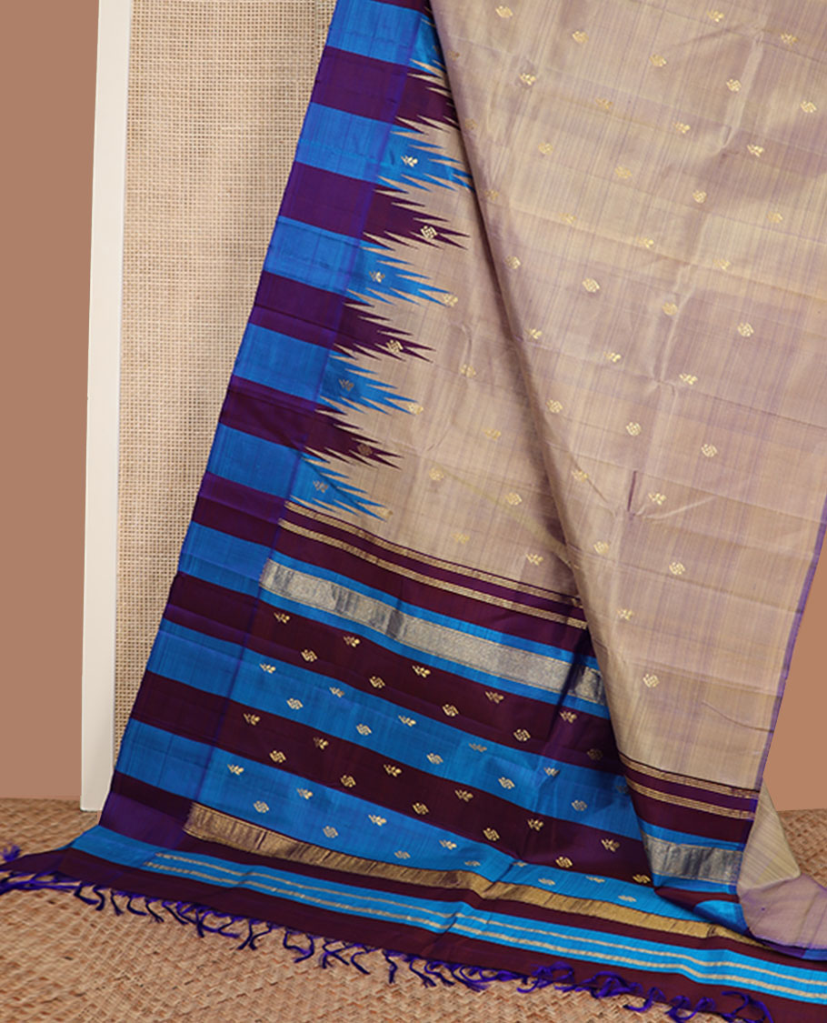 Grey zari buttas Kanchipuram silk saree, contrast thazampoo rekku zari border & zari design pallu