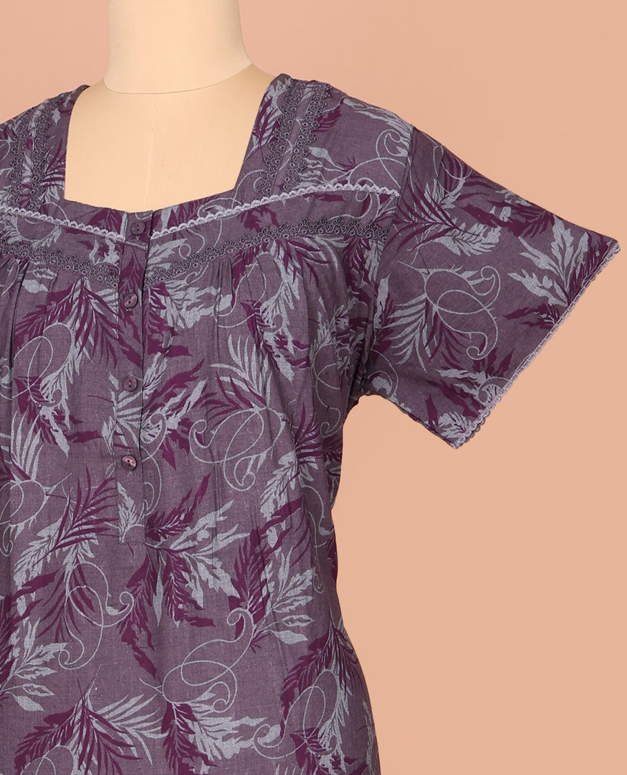 Grey Cotton Nighty Adorned with Floral Patterns Print, Featuring Lace Work, Square Front Neck, and Half Sleeves