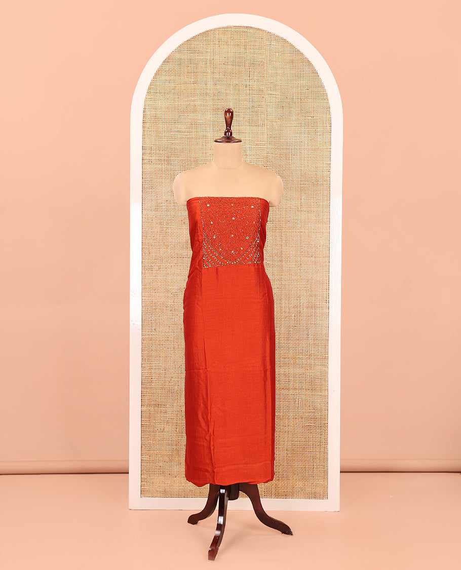 Rust Semi-Silk Material Chudidar Set Features Neck-Embroidered Top, a Santoon Bottom, and an Ajrakh Printed Dupatta