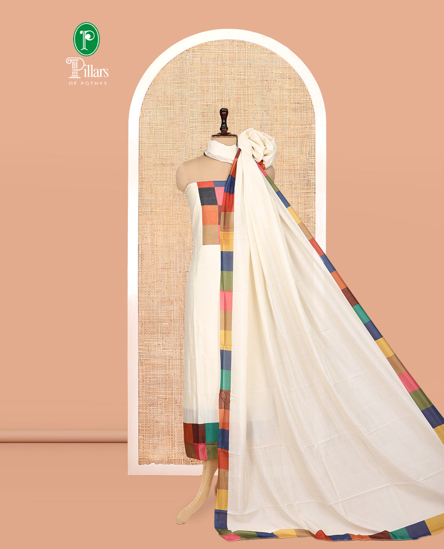Cream Semi-Silk Material Churidar, Embellished with Multi-Color Checked Top, a Plain Bottom, a Checked Bordered Plain Dupatta