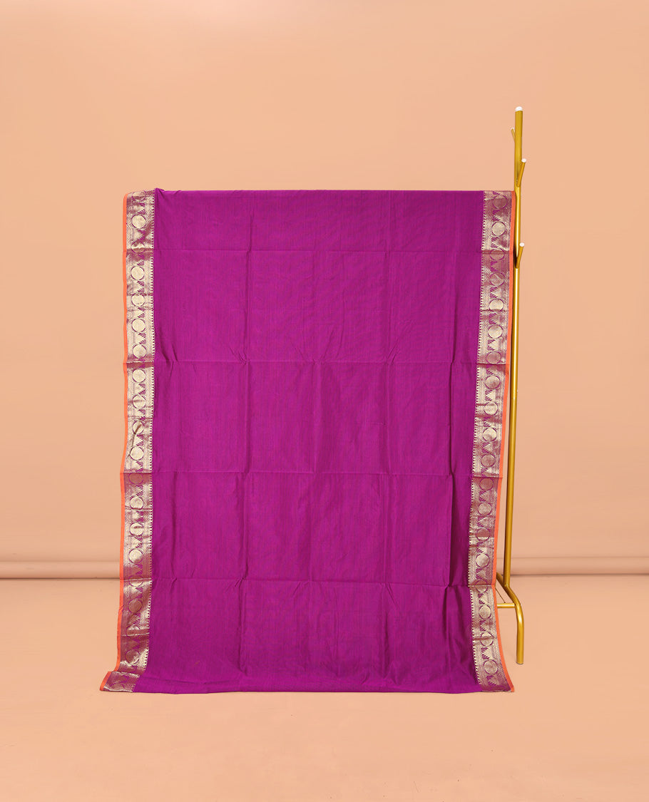 Rani Pink Plain Poly Cotton Saree, Complemented by a Contrast Traditional Zari Border of Temple and Rudraksham Designs, Contrast Striped Pallu, and Paired with a Contrast Blouse