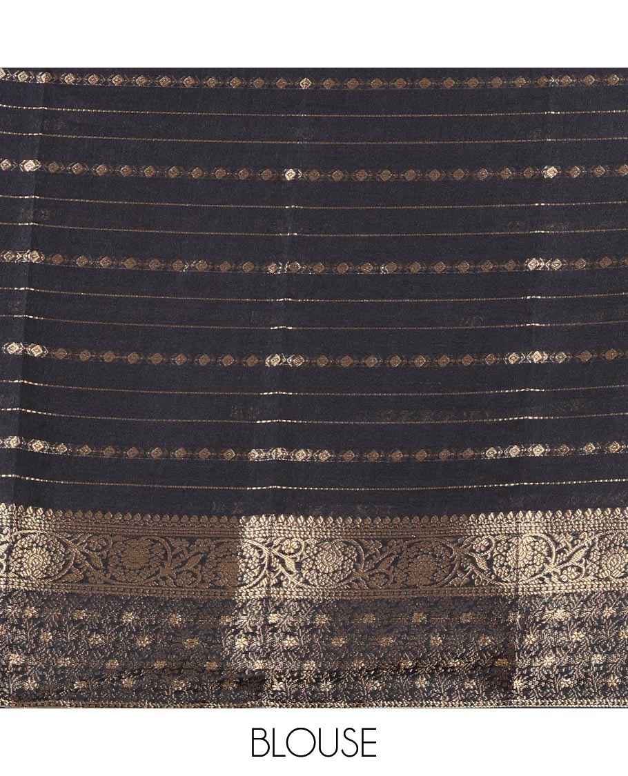 Brown Dola Silk Saree Decked Up with Paisley Buttas, and Horizontal Zari Stripes All Over Its Body, Complemented by Contrast Floral Creeper Zari Design Border, Pallu Steeped with Paisleys, and Paired with a Contrast Blouse