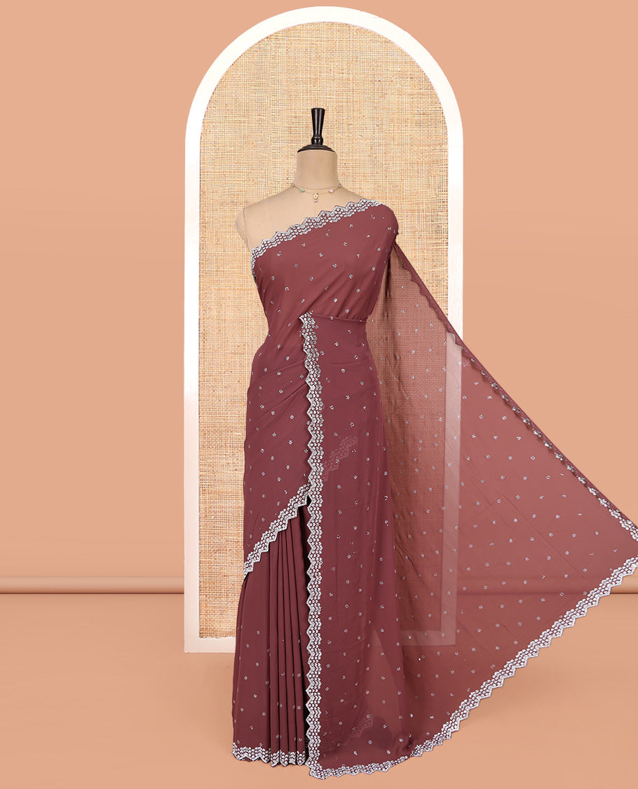 Dark Rosewood Pink Designer Saree, Decorated with Stones All Over Its Body, a Scallop Stone Work Border, and Matching Blouse