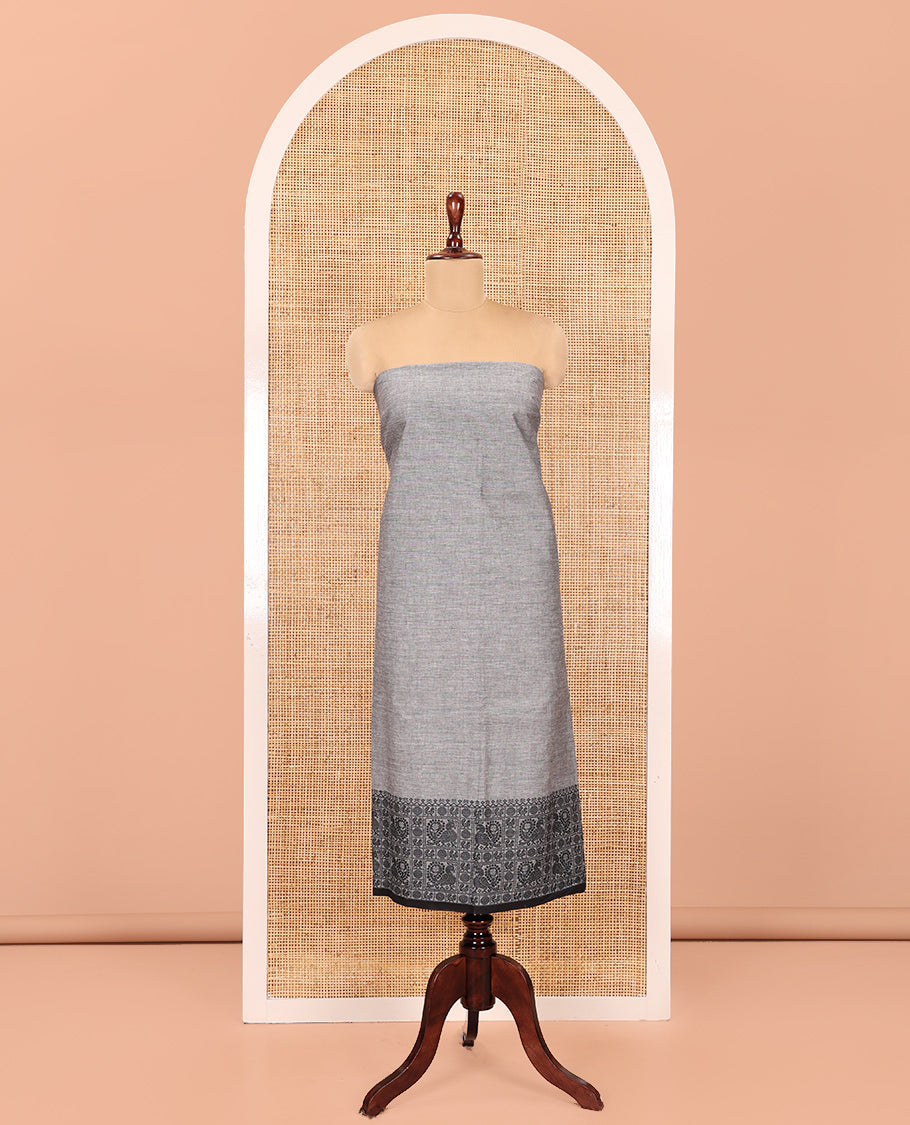 Grey Handloom Material Chudidar, Peacock-Chakram Motifs-Threaded Top, a Contrast Plain Bottom, and a Contrast Dupatta