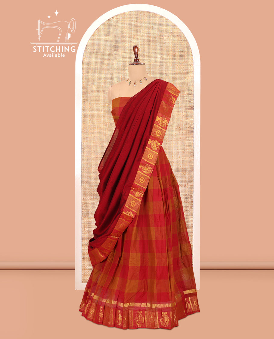 Brown-Maroon Chettinad Cotton Half-Saree