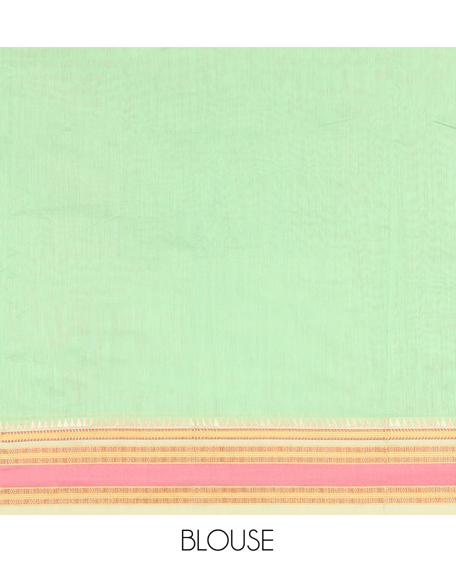 Parrot Green Plain Mercerised Cotton Saree, Complemented by Contrast Traditional Border, Striped Pallu, and a Matching Blouse