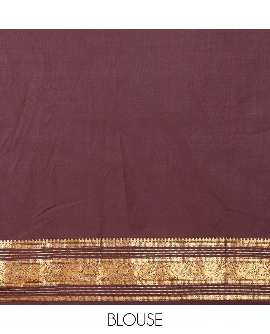 Coffee Brown Kanchipuram Budget Silk Saree Adorned with Peacock and Chakram Enclosed Checks, Highlighted with Varisai Pettu Border of Peacock Designs, Grandly Embellished Zari Pallu of Geometric Designs, and Paired with a Matching Blouse