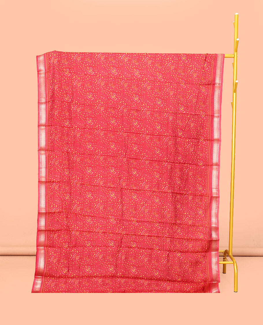 Red Mul Mul Cotton Saree Featuring a Floral-Paisley Print, a Subtle Traditional Border, a Floral-Printed Pallu, and a Matching Blouse