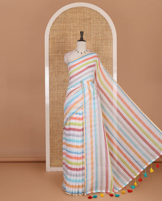 Borderless cream base khadi mul cotton saree features multi-color rainbow stripes, self-pallu, and running blouse