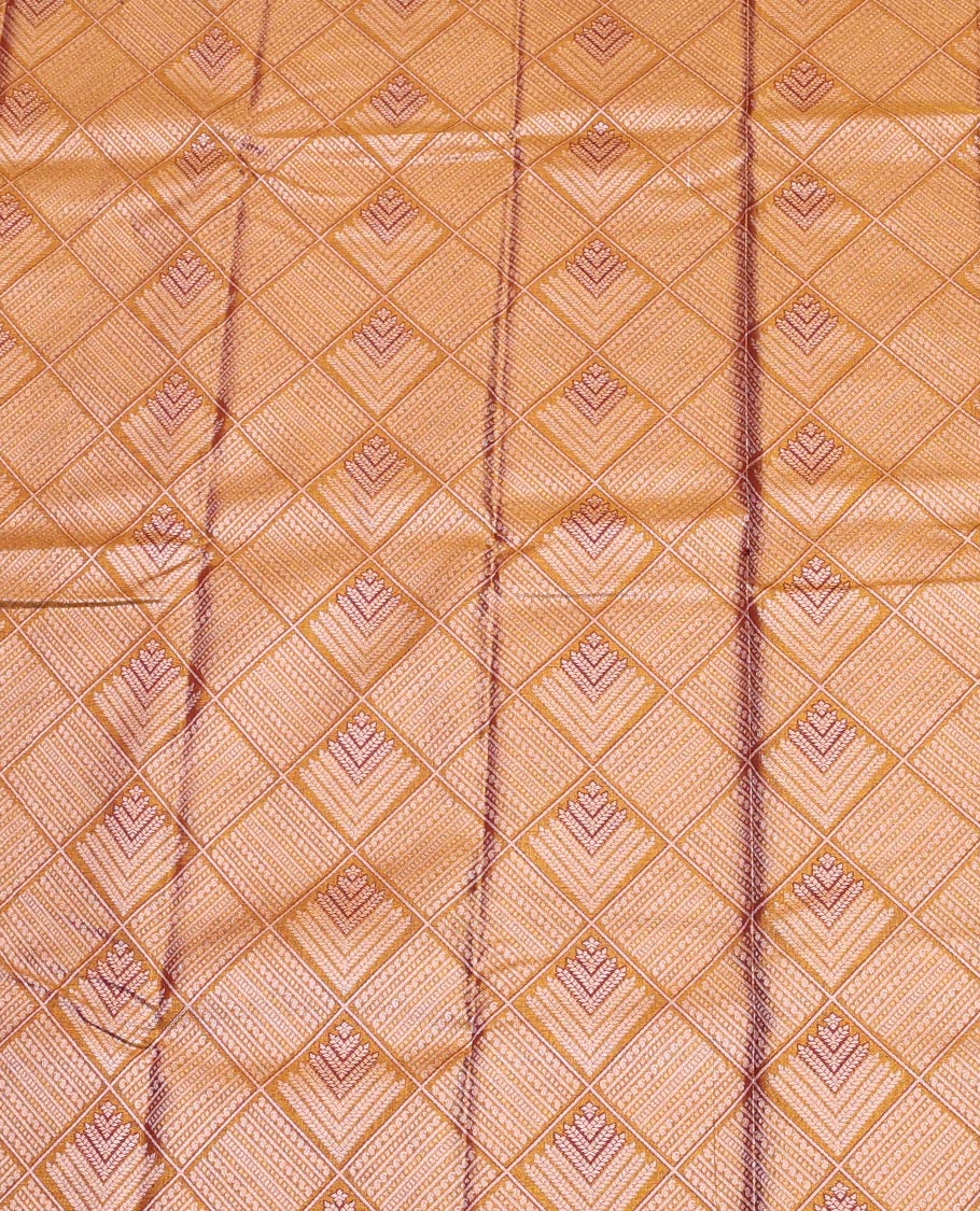 Gold Art Silk Pavadai Material Set, Dazzled with Jacquard Design on Its Skirt, Complemented by a Contrast Traditional Zari Design Border, and Paired with a Contrast Blouse