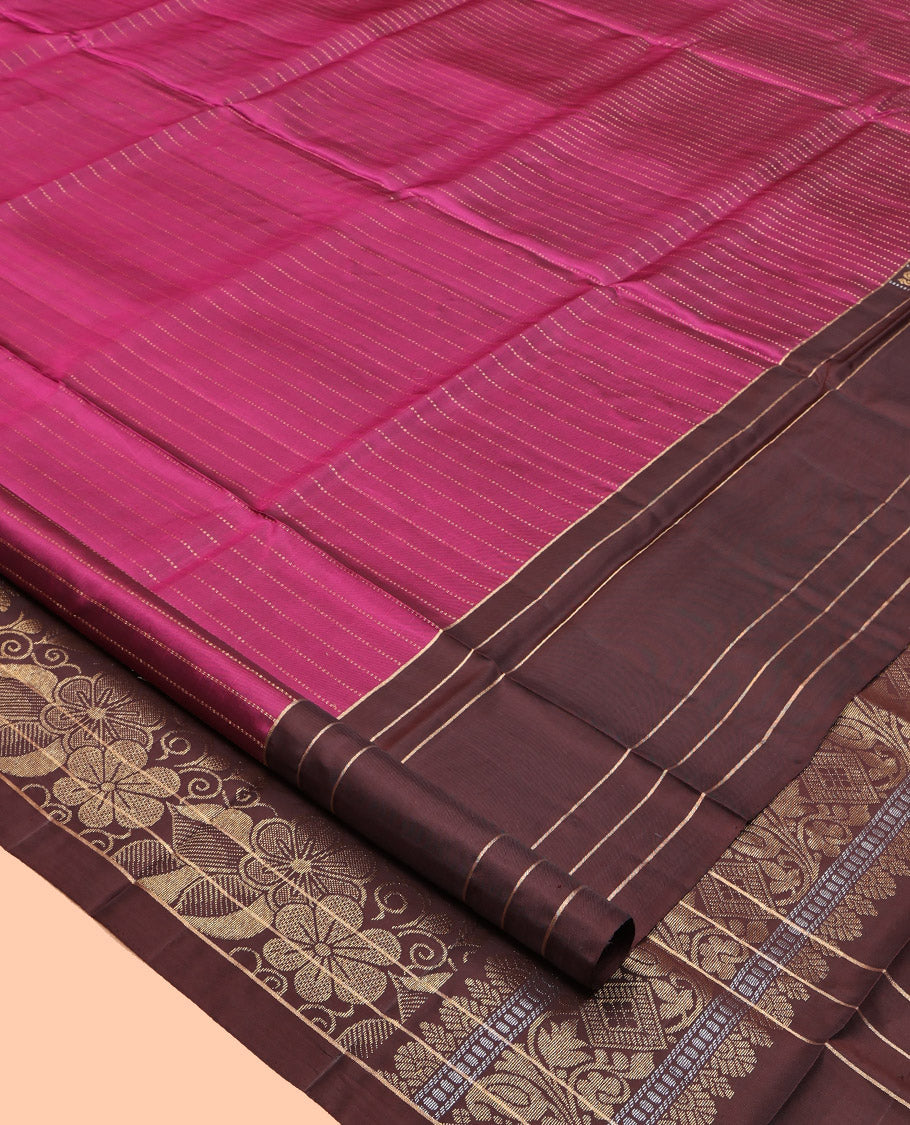 Magenta Mayuri Lite Silk Mix Saree, Mesmerized with Zari Stripes, Contrast Kambi Kolam Motif Border, Pallu of Floral Designs, and a Contrast Blouse