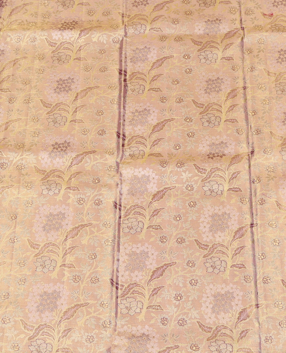 Pink Pure Silk Half-Saree, Woven with Floral Jacquard All Over Its Skirt, Complemented by a Contrast Border of Meenakari Floral and Bird Designs, Paired with a Contrast Blouse, and Comes with a Gleaming Zari Dhavani