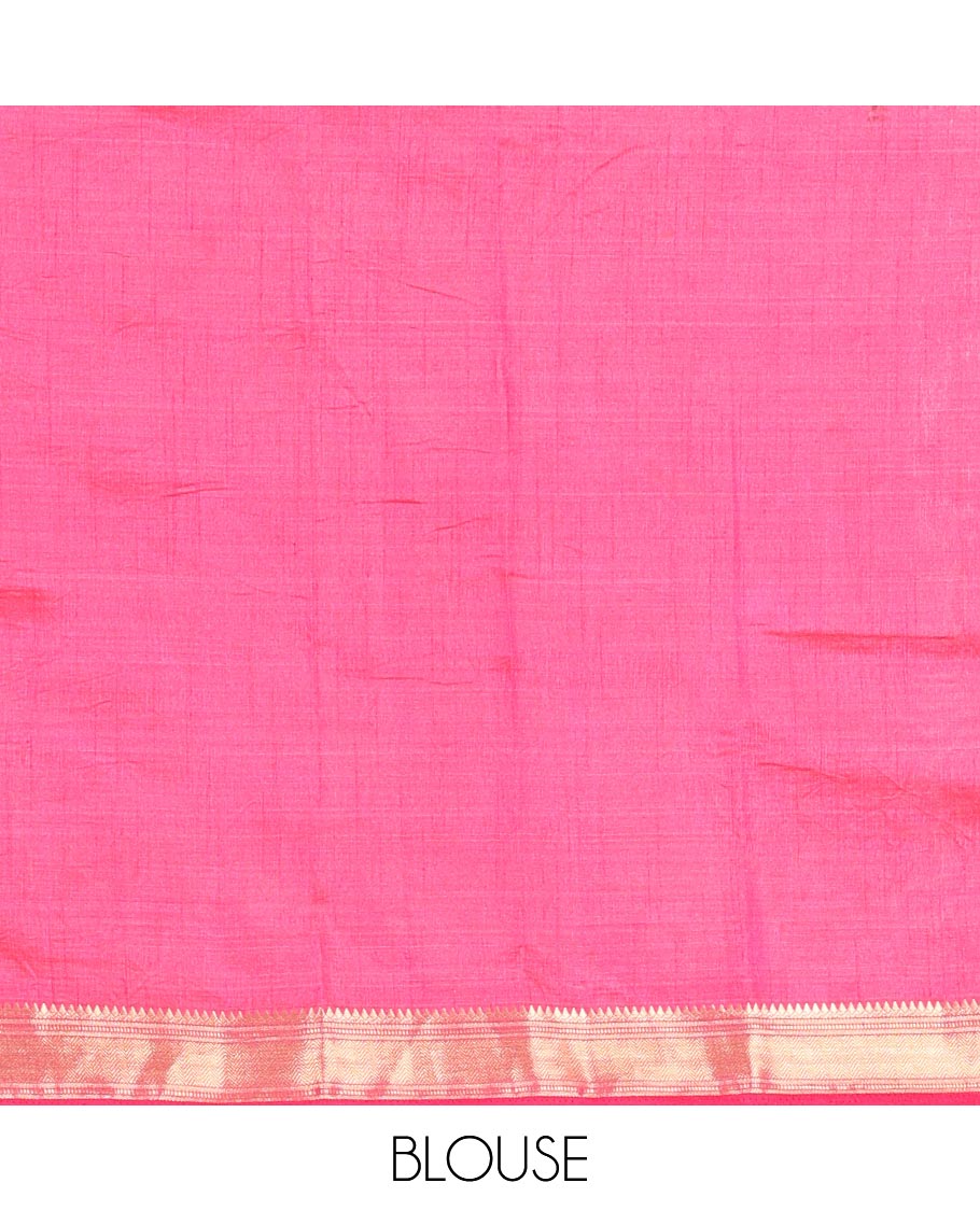 Pink Semi-Tussar Saree Subtly Sparked with Hexagonal Geometric Patterns Printed All Over Its Body, Featuring Traditional Zari Design Border, Gleaming Zari Striped Pallu, and a Matching Blouse