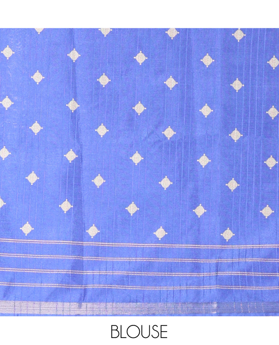 Blue Katan Silk Saree, Adorned with Vaira-Oosai-Style Stripes on Its Body, Complemented by a Contrast-Checked Border, Pallu of Jaal Designs, and Paired with a Contrast Blouse