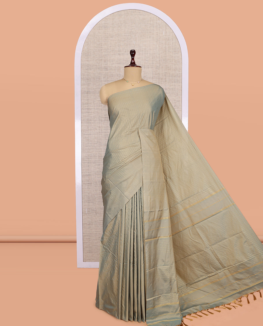 Borderless Pale Grey Arani Saree, Crafted with Zari Stripes, a Self-Pallu, and a Matching Blouse