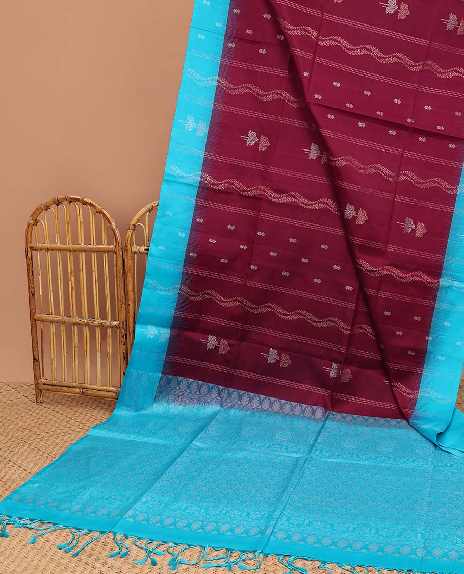Purple striped, floral design soft silk saree with contrast zari border & traditional zari design pallu