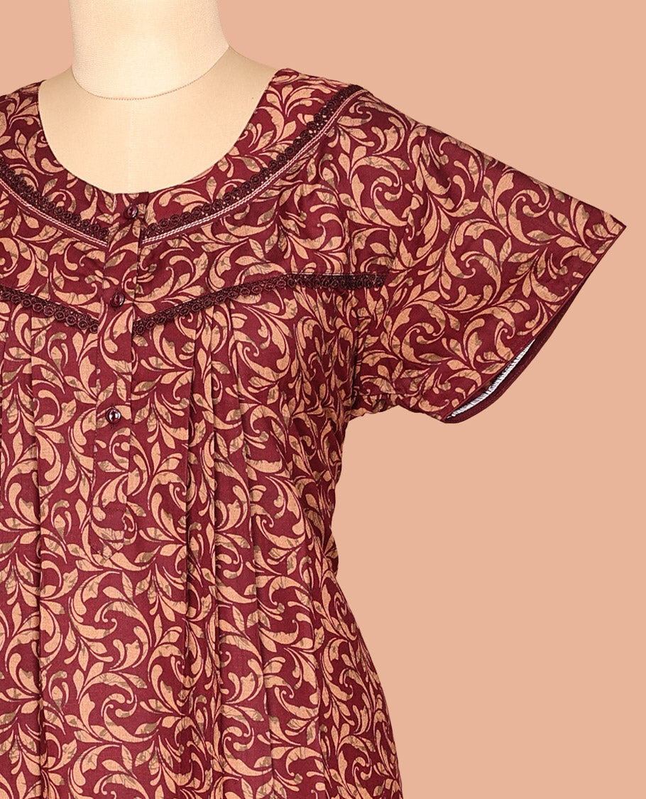 Maroon Round Neck Cotton-Blended Nighty