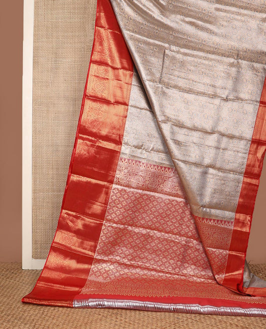 Sliver grey floral jacquard budget silk saree, contrast traditional zari border, and jaal pallu