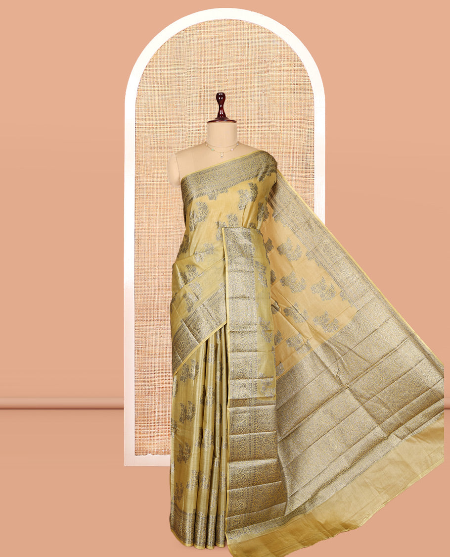 Yellow Tusser Silk Saree, Decorated with Zari Buttas, a Zari Border, Grand Pallu, and a Matching Blouse