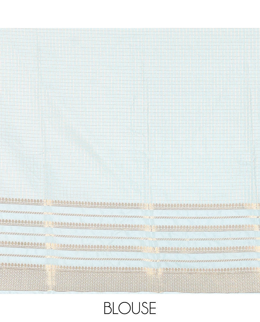 Black and Blue Semi-Mysore Crepe Saree Gleamed Up with Micro-Checks, Complemented by Contrast Traditional Zari Design Border, Gracefully Embellished Pallu of Thilakam Designs, and Paired with a Contrast Blouse