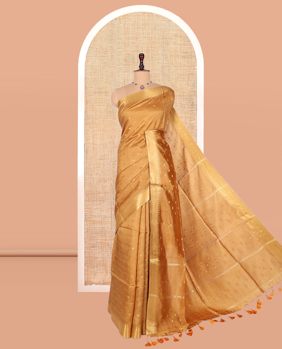 Gold Banana Pith Saree, Sparsely Woven with Buttas, a Zari Temple Border, Striped Pallu, and Matching Blouse
