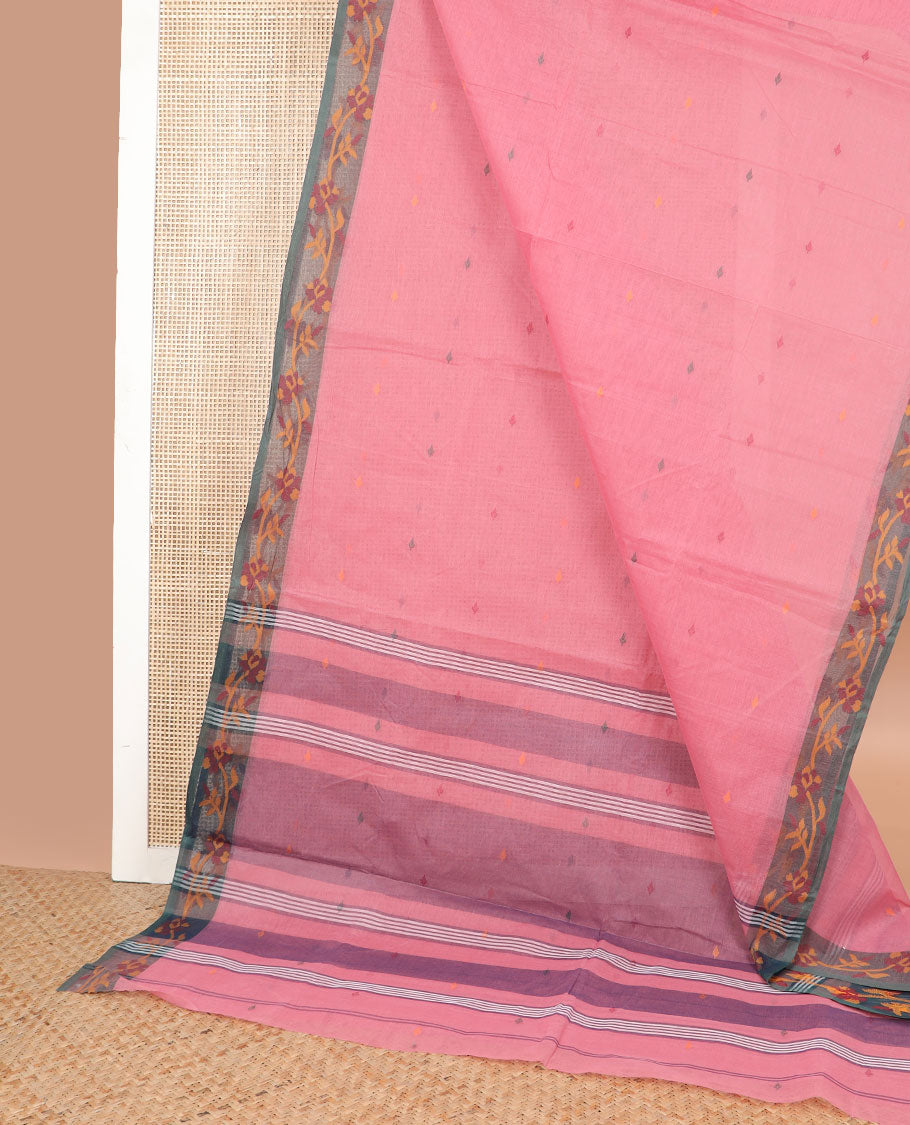 Pink floral motifs bengal cotton saree with contrast floral design border & striped, motifs pallu