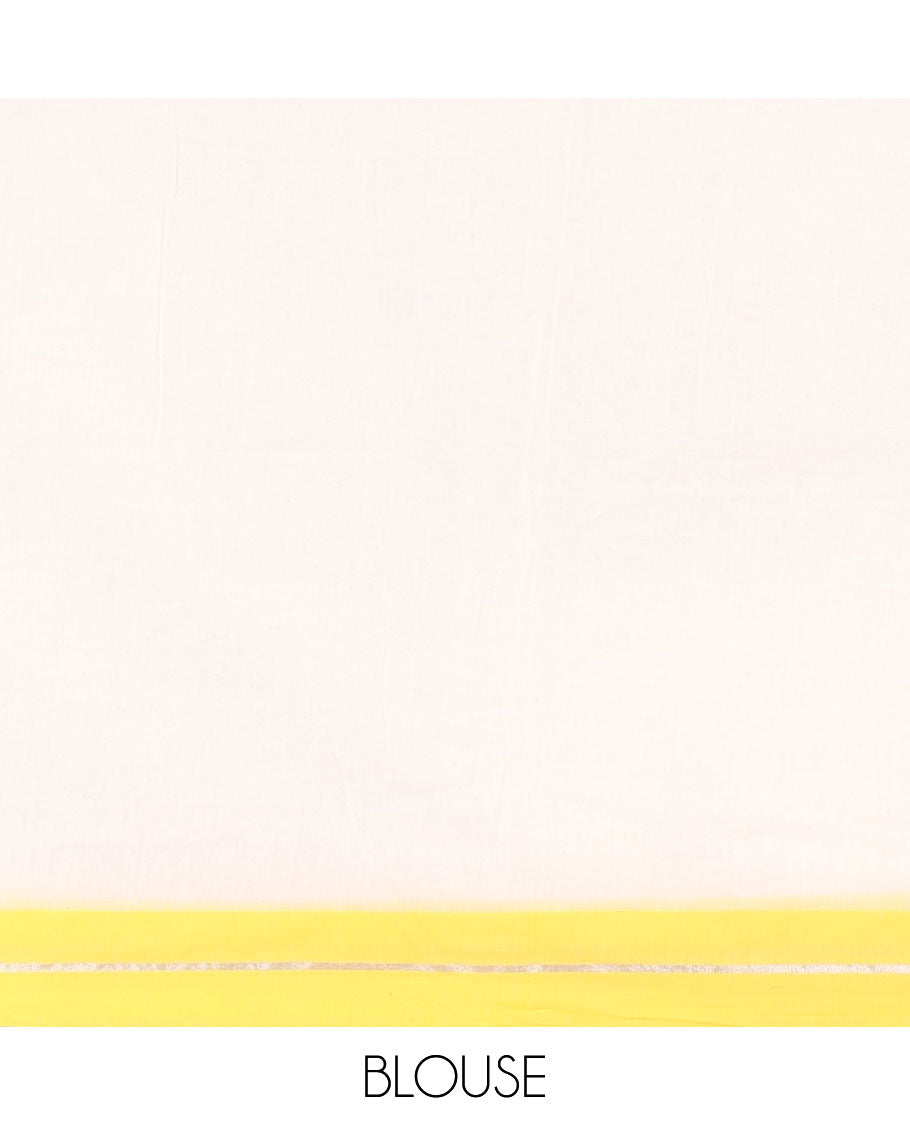 Cream and Yellow Plain Khadi Mul Cotton Saree, Complemented by Contrast Horizontal Striped Border, Plain Pallu, and Paired with a Matching Blouse